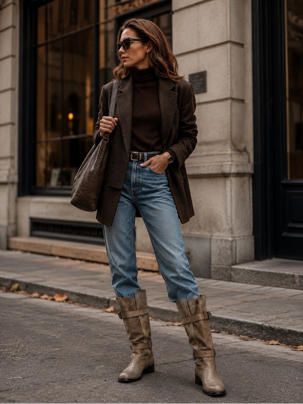 Cole Haan Greige Leather & Stretch Suede Buckle Boots w Nike Air Technology